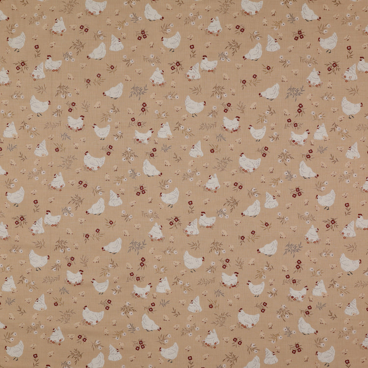 Primrose & Parsley Fabric Collection - Nesting Carmel: white hens, cream chicks, rust-red flowers and delicate leafy sprigs on a tan background PCPR26838