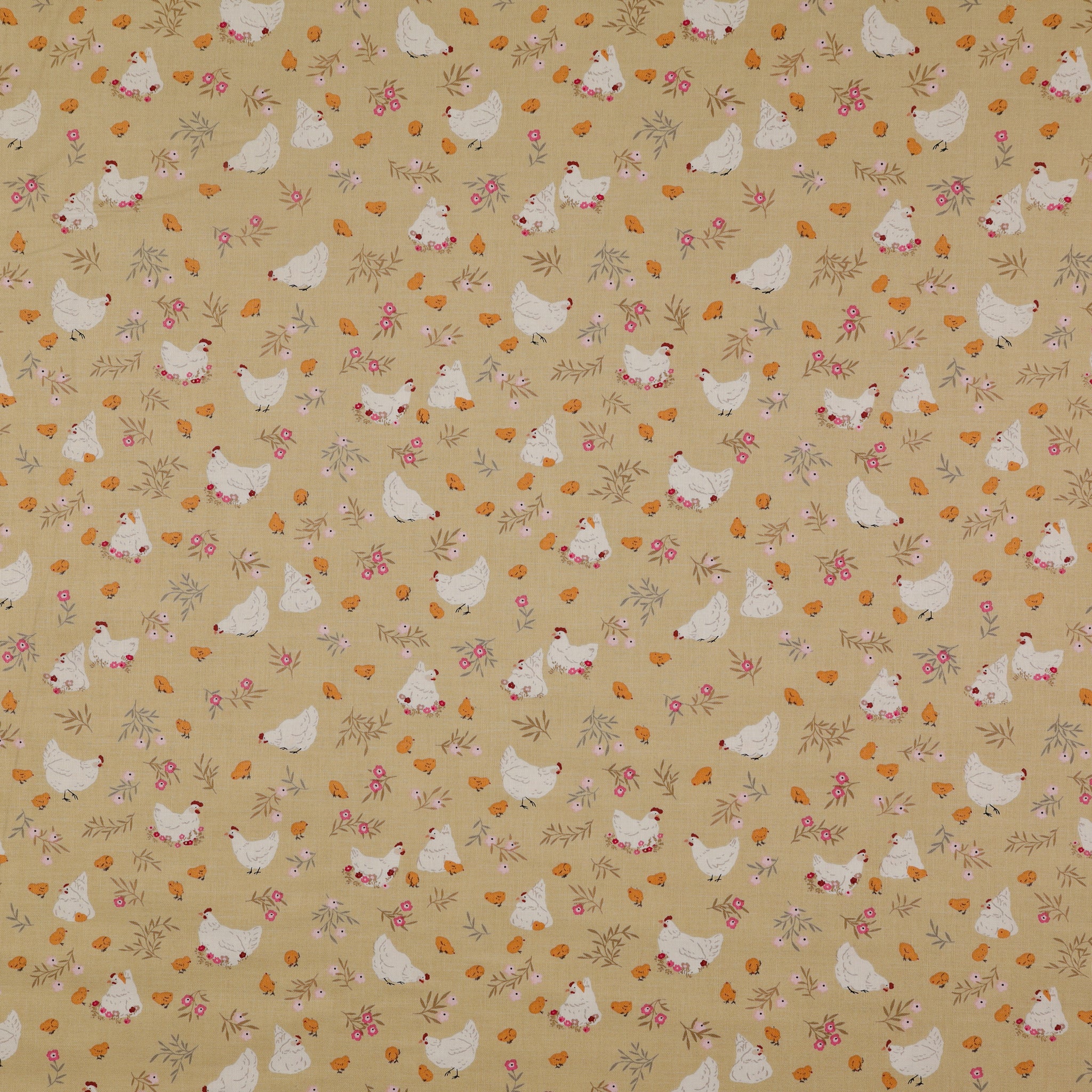 Primrose & Parsley Fabric Collection - Nesting Sage: white hens, mustard yellow chicks, pink flowers and delicate leafy sprigs on a tan background PCPR26839