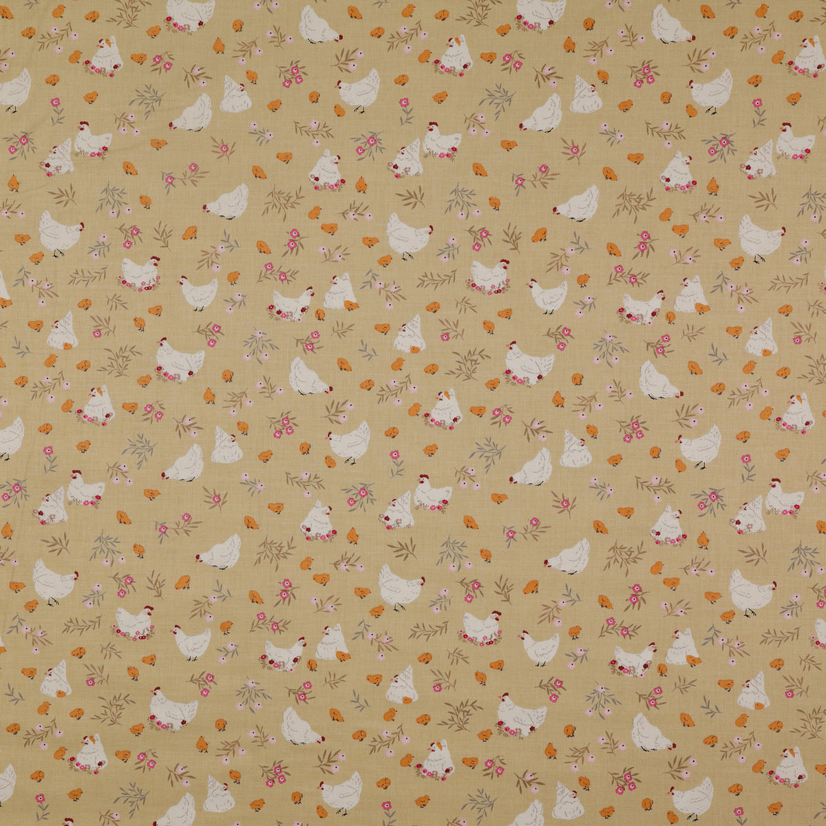 Primrose & Parsley Fabric Collection - Nesting Sage: white hens, mustard yellow chicks, pink flowers and delicate leafy sprigs on a tan background PCPR26839