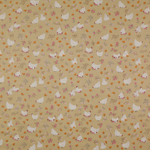 Primrose & Parsley Fabric Collection - Nesting Sage: white hens, mustard yellow chicks, pink flowers and delicate leafy sprigs on a tan background PCPR26839