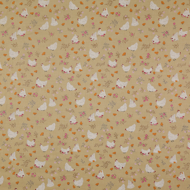 Primrose & Parsley Fabric Collection - Nesting Sage: white hens, mustard yellow chicks, pink flowers and delicate leafy sprigs on a tan background PCPR26839