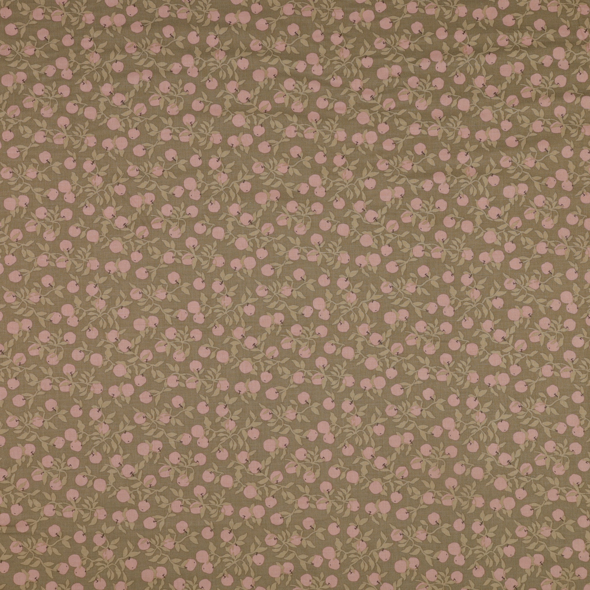 Primrose & Parsley Fabric Collection - Apples Dark Sage: blush pink apples and muted green leafy branches on a dark sage background PCPR2683