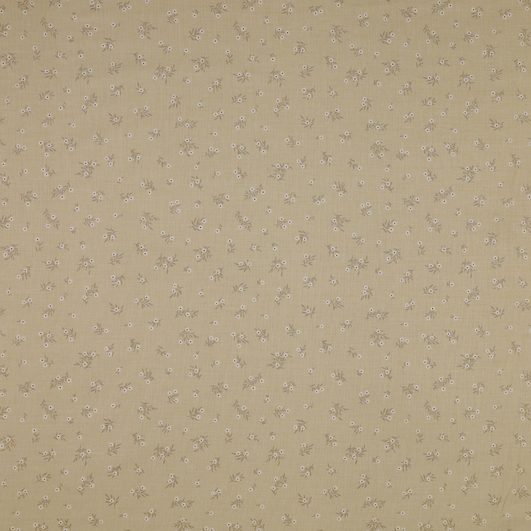 Primrose & Parsley Fabric Collection - Meadow Sprigs Sage: Beige fabric with scattered sprigs of tiny white flowers and delicate taupe leaves PCPR26840