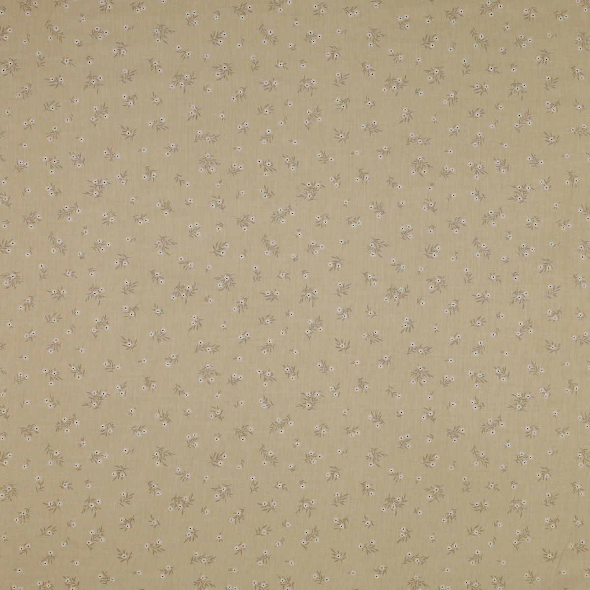 Primrose & Parsley Fabric Collection - Meadow Sprigs Sage: Beige fabric with scattered sprigs of tiny white flowers and delicate taupe leaves PCPR26840