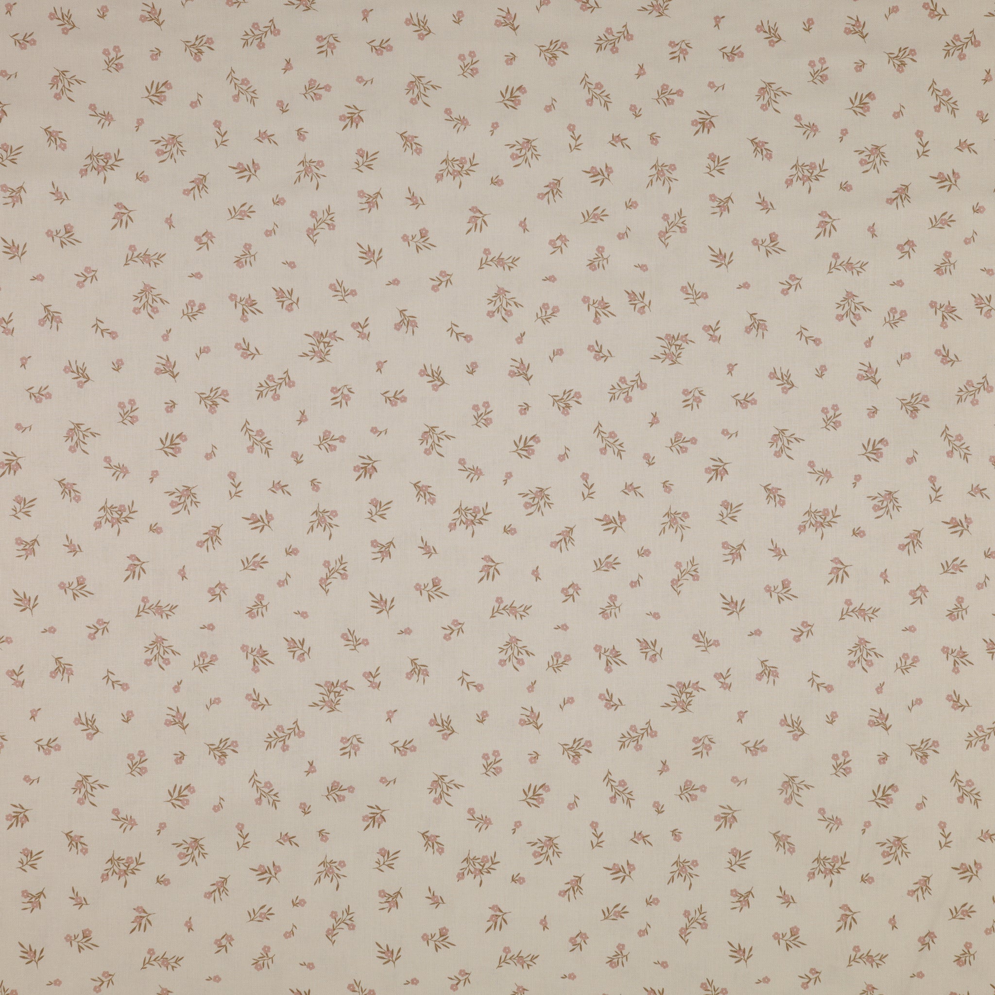 Primrose & Parsley Fabric Collection - Meadow Sprigs Beige: Cream fabric with scattered sprigs of tiny dusty pink flowers and delicate brown leaves PCPR26841