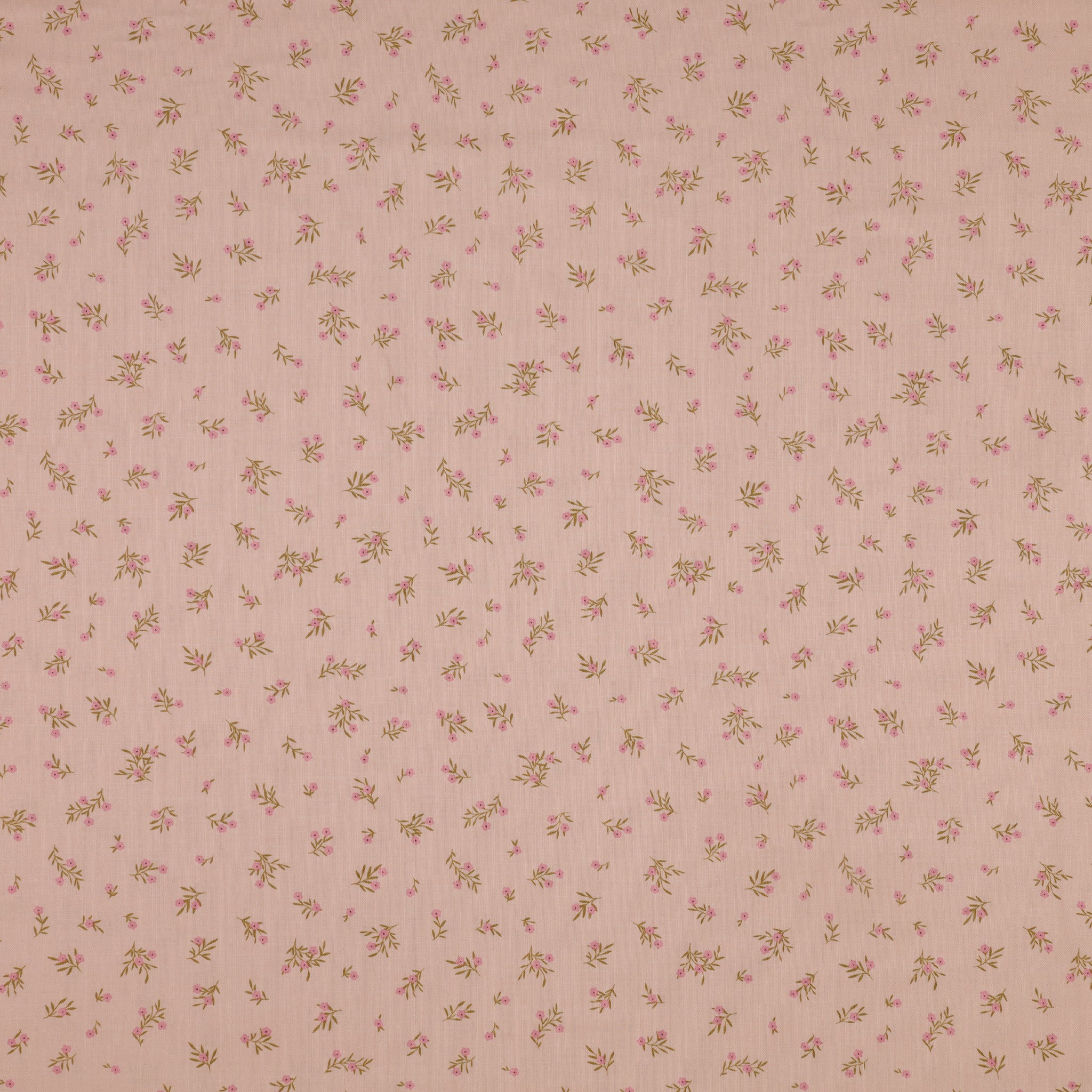 Primrose & Parsley Fabric Collection - Meadow Sprigs Rose: Light pink fabric with scattered sprigs of tiny pink flowers and delicate green leaves PCPR26842