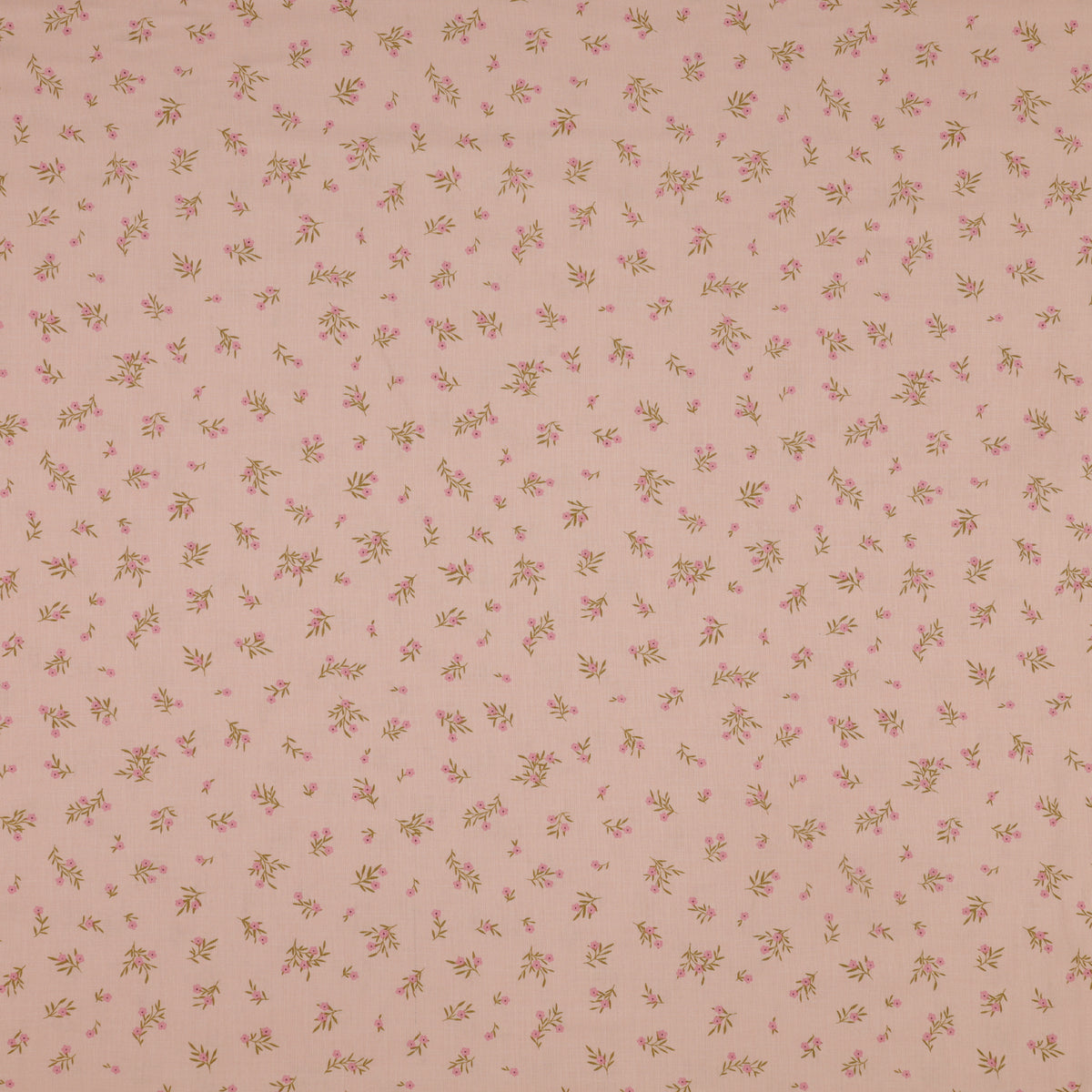 Primrose & Parsley Fabric Collection - Meadow Sprigs Rose: Light pink fabric with scattered sprigs of tiny pink flowers and delicate green leaves PCPR26842