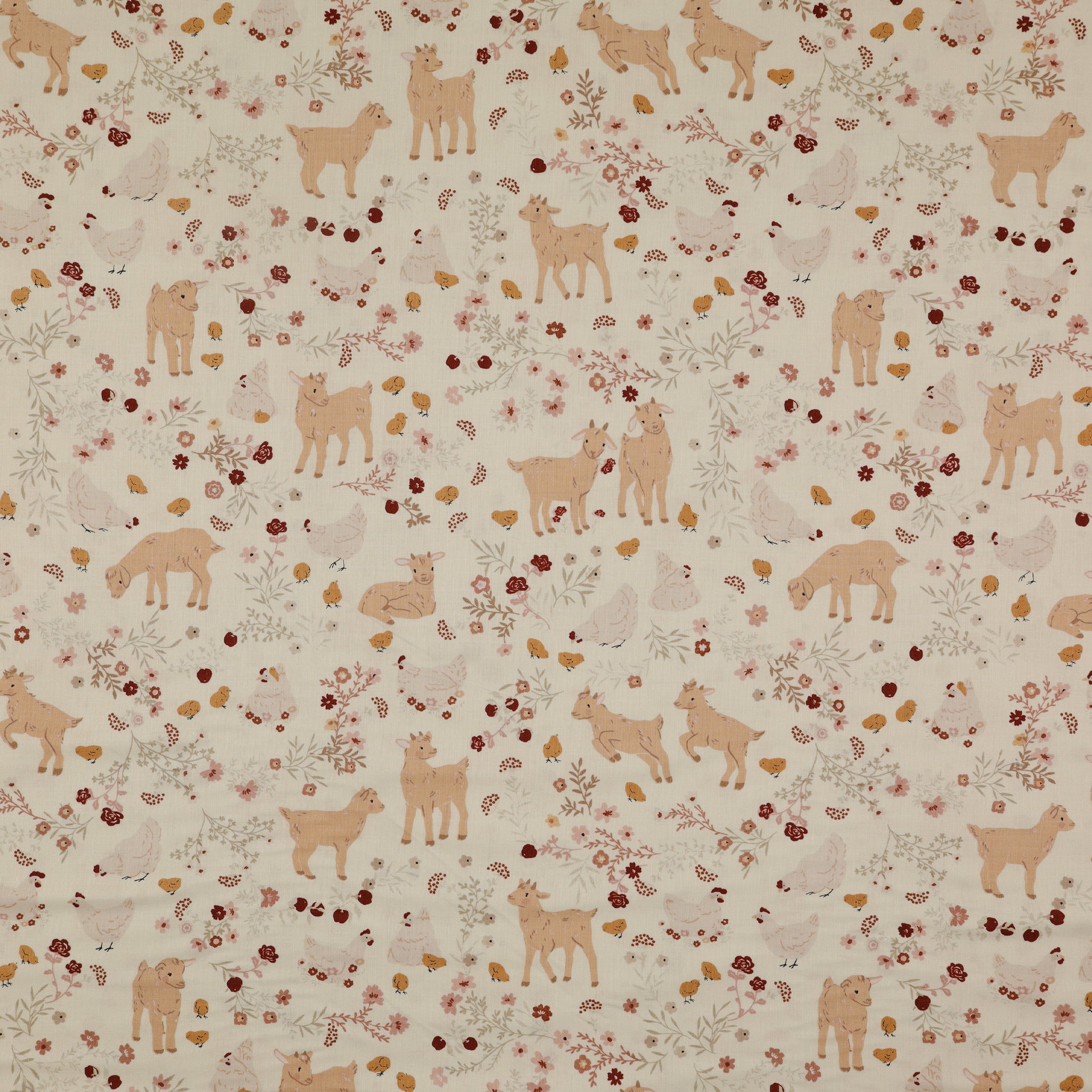 Primrose & Parsley Fabric Collection - Barnyard Babies White: playful goats, chickens, chicks, and delicate floral sprigs in warm tones on a white background PCPR26843