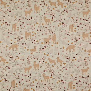 Primrose & Parsley Fabric Collection - Barnyard Babies White: playful goats, chickens, chicks, and delicate floral sprigs in warm tones on a white background PCPR26843