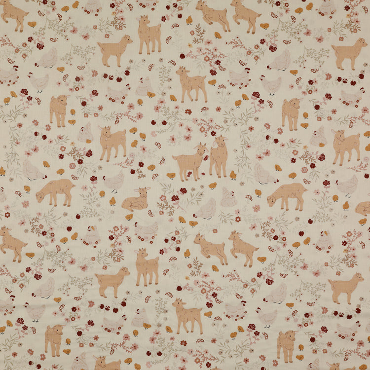 Primrose & Parsley Fabric Collection - Barnyard Babies White: playful goats, chickens, chicks, and delicate floral sprigs in warm tones on a white background PCPR26843