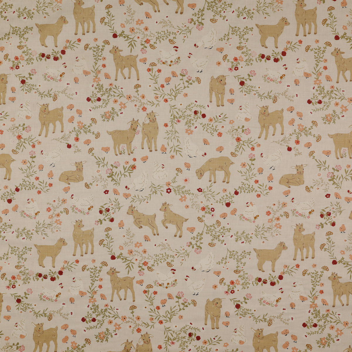 Primrose & Parsley Fabric Collection - Barnyard Babies Beige: playful goats, chickens, chicks, and delicate floral sprigs in warm tones on a beige background PCPR26844