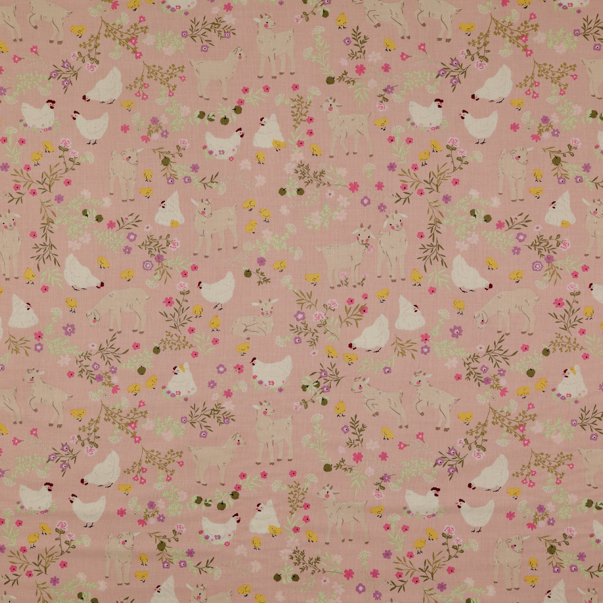 Primrose & Parsley Fabric Collection - Barnyard Babies Rose: playful goats, chickens, chicks, and delicate floral sprigs in bright tones on a rose background PCPR26845