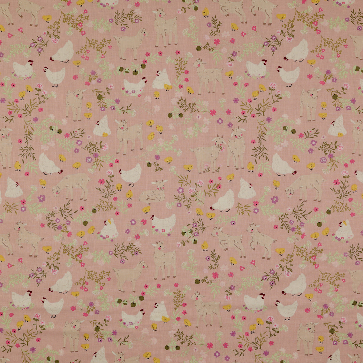 Primrose & Parsley Fabric Collection - Barnyard Babies Rose: playful goats, chickens, chicks, and delicate floral sprigs in bright tones on a rose background PCPR26845
