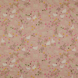Primrose & Parsley Fabric Collection - Barnyard Babies Rose: playful goats, chickens, chicks, and delicate floral sprigs in bright tones on a rose background PCPR26845