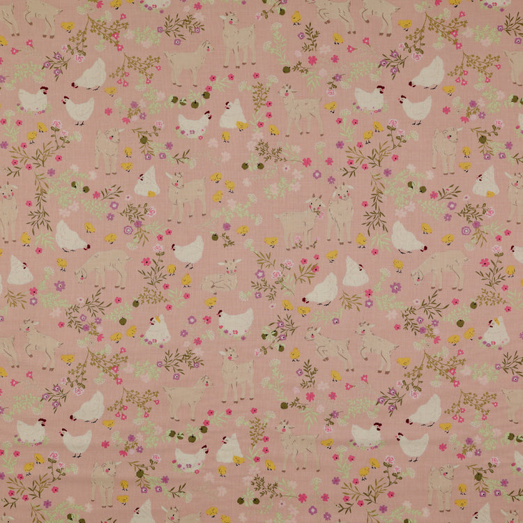 Primrose & Parsley Fabric Collection - Barnyard Babies Rose: playful goats, chickens, chicks, and delicate floral sprigs in bright tones on a rose background PCPR26845