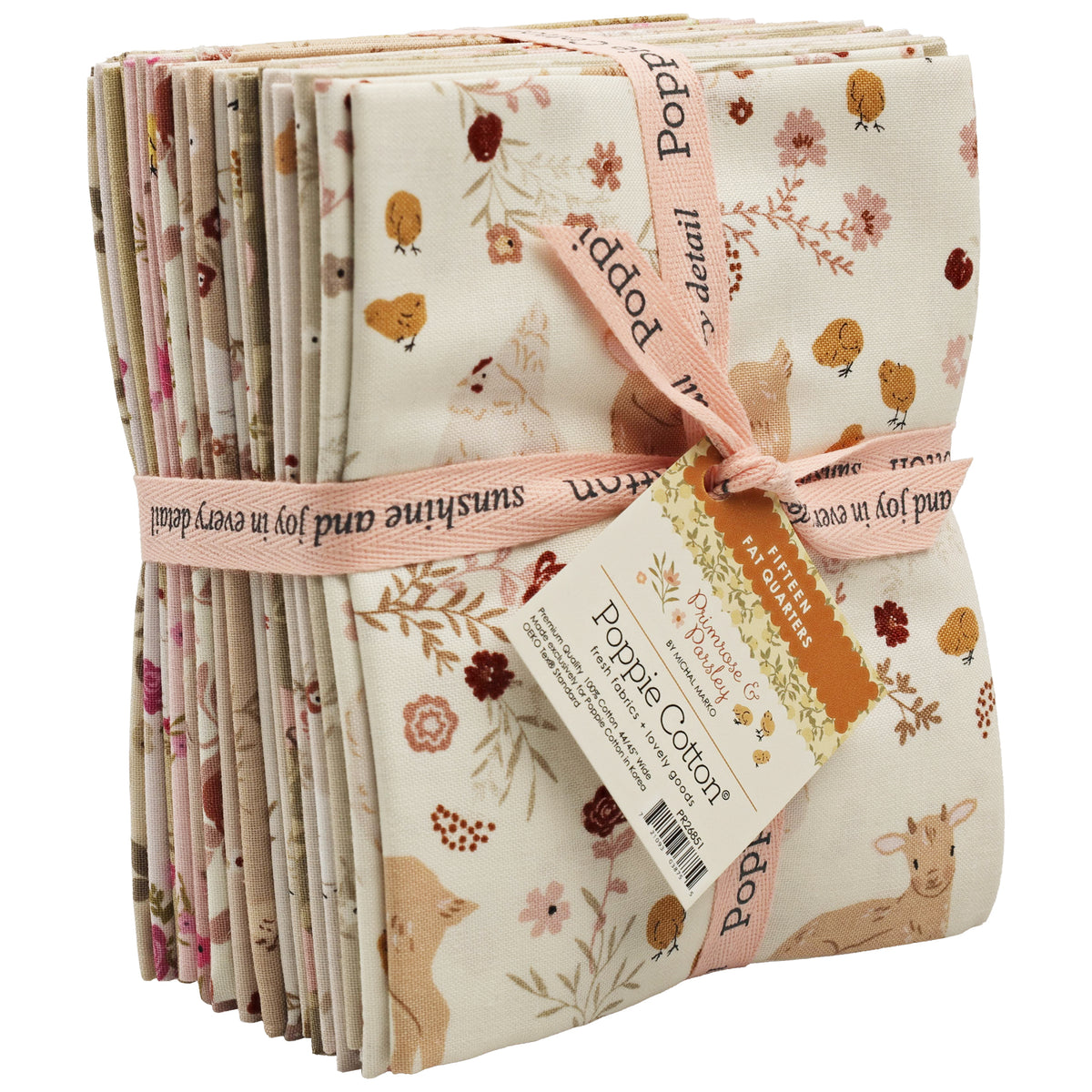 A stack of Poppie Cotton quilt fabrics tied with a pink ribbon, featuring a pattern with birds, flowers, and animals on a cream background.