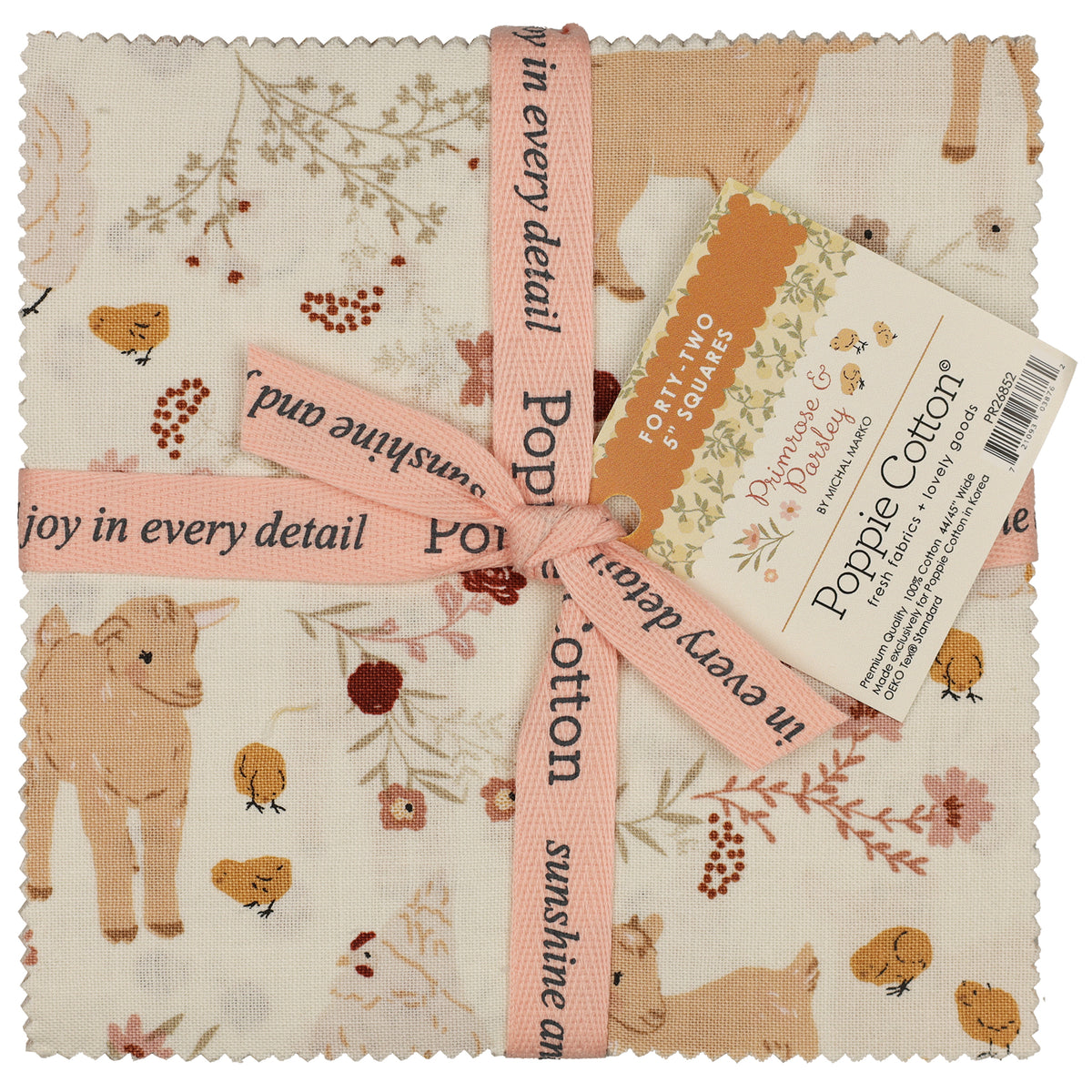 Fabric square with scalloped edges, featuring a whimsical woodland print of a goats, chicks, flowers, and leaves in soft earthy tones. The fabric is wrapped with a pink ribbon.