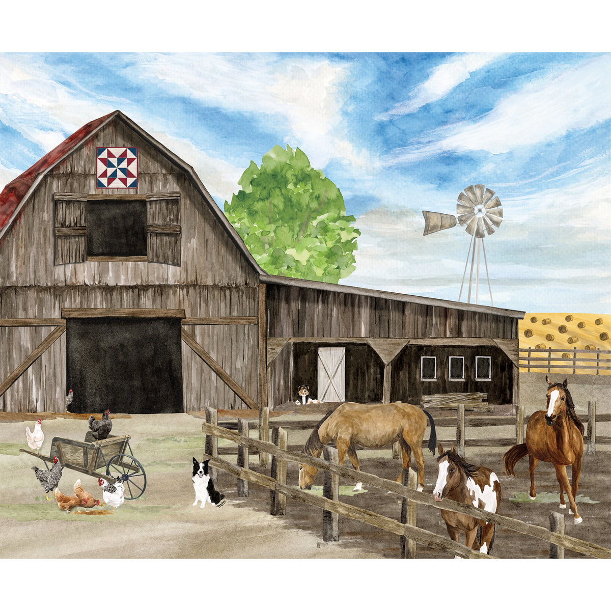 Watercolor-style farm scene artwork showing a large weathered barn, horses in a fenced paddock, chickens, a windmill, and a blue sky with clouds.