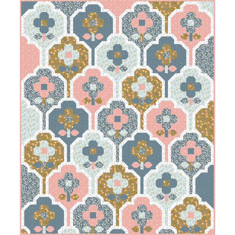 A repeating geometric floral pattern quilt with overlapping arch-shaped motifs in dusty pink, slate blue, white, and mustard gold, arranged in a tiled design.