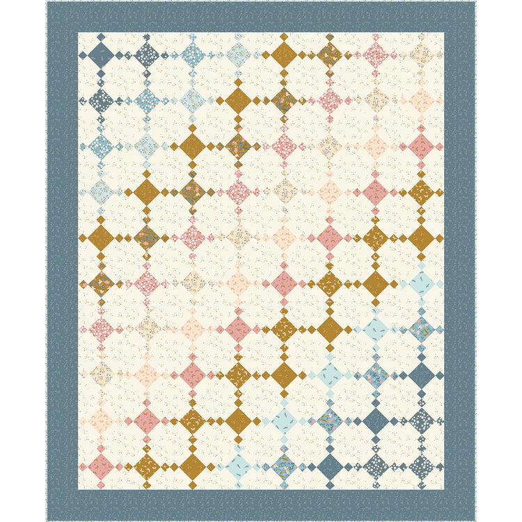 A quilt design featuring a cream background with a repeating geometric diamond lattice pattern in muted blue, dusty pink, mustard gold, and beige, framed by a wide dusty blue border.