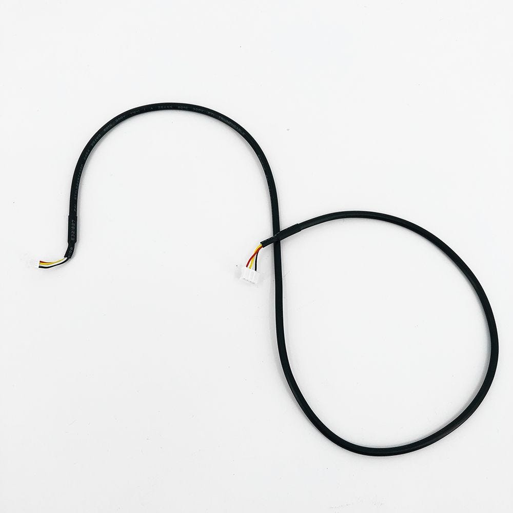 Black wiring harness with multicolor wires and white connector.