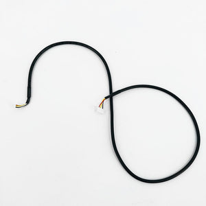 Black wiring harness with multicolor wires and white connector.