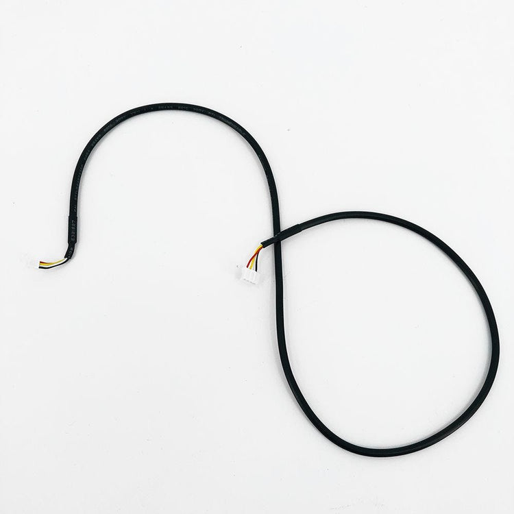 Black wiring harness with multicolor wires and white connector.