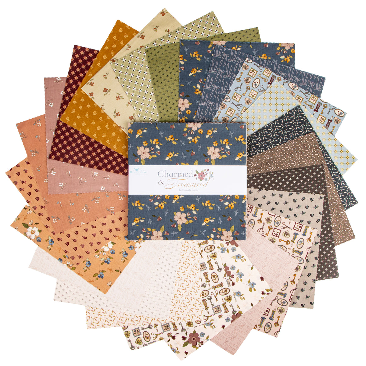 A bundle of floral patterned fabric squares arranged in a circular fan, with a central fabric bundle.
