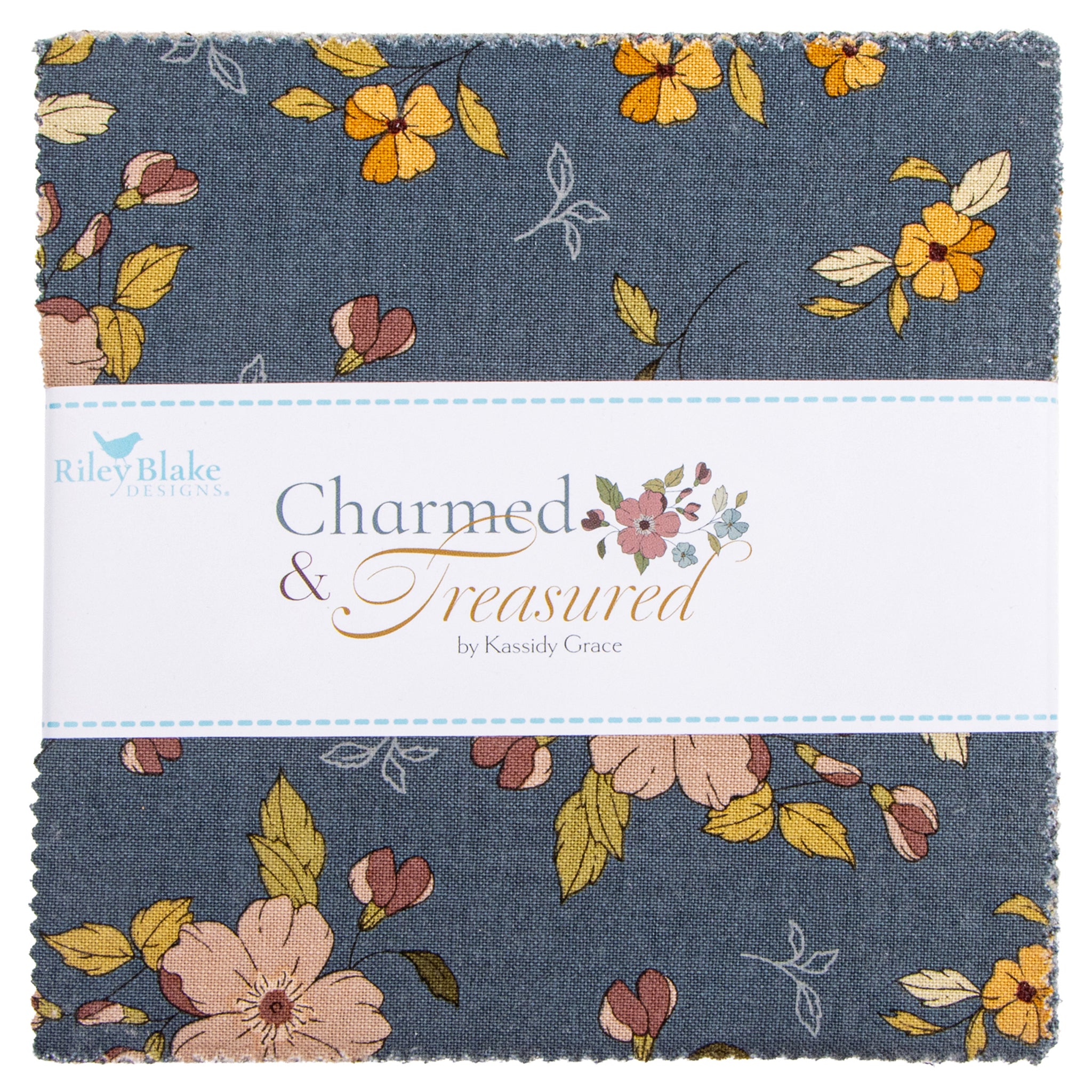 A fabric bundle wrapped with a white band showing a blue-gray floral print with yellow, peach, and muted pink flowers and leaves.
