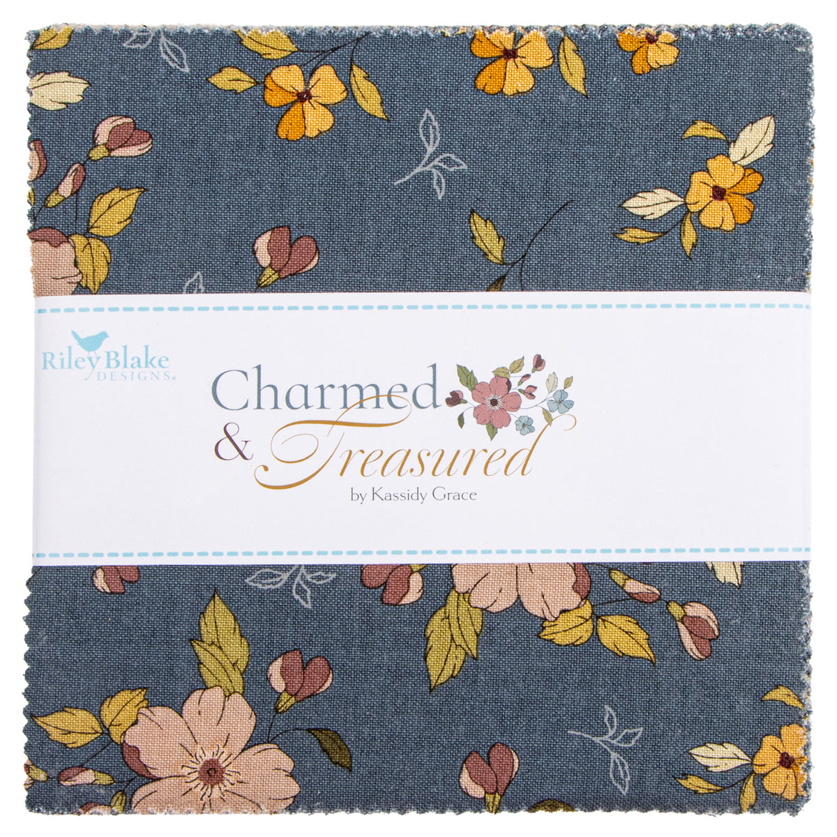 A fabric bundle wrapped with a white band showing a blue-gray floral print with yellow, peach, and muted pink flowers and leaves.