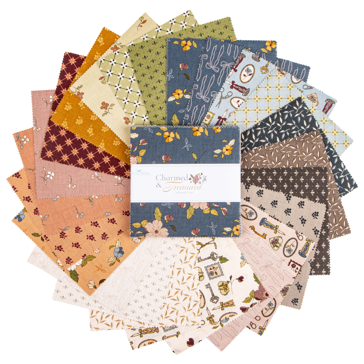 A round stack of quilt fabric squares in assorted patterns and muted colors with a central fabric bundle.