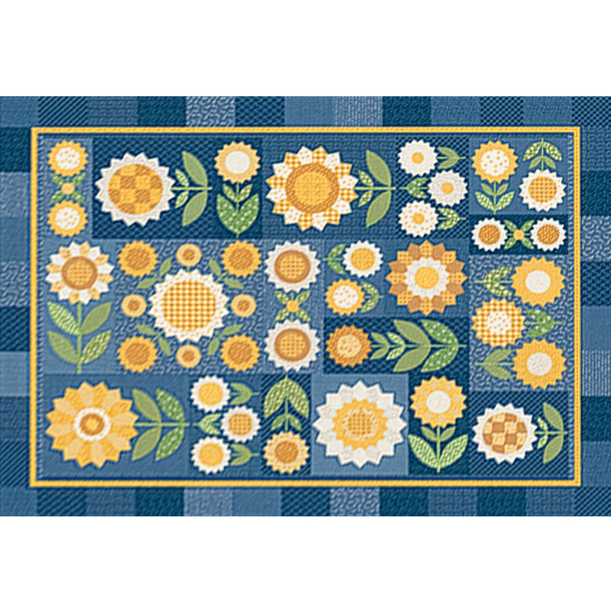 A puzzle design featuring a patchwork of yellow, white, and green floral motifs on a blue background, bordered by a blue-and-white check pattern.