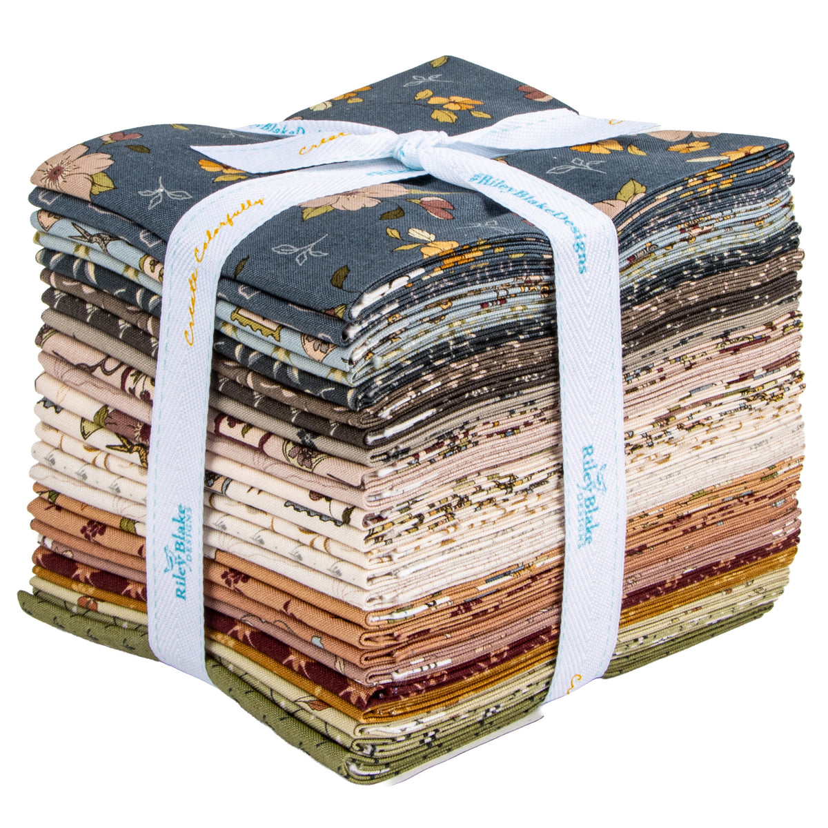 A stack of folded fabric pieces tied with a white ribbon featuring various floral and patterned designs in muted earthy tones.