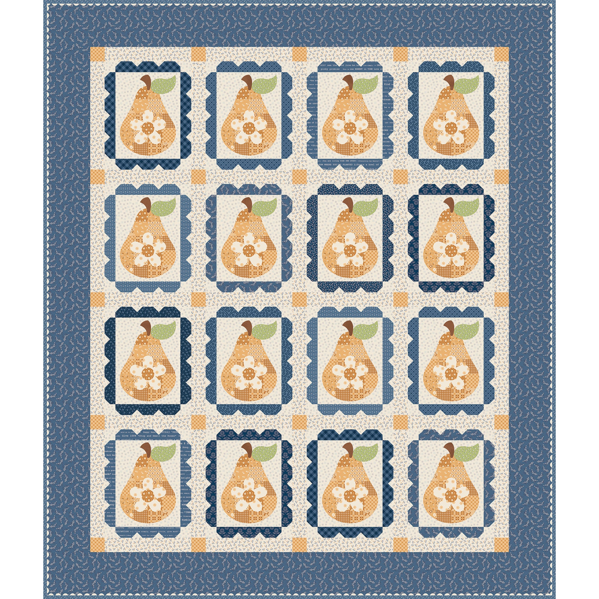 A quilt pattern featuring a grid of pears in yellow and cream with white flowers and green leaves, framed by blue and beige borders.