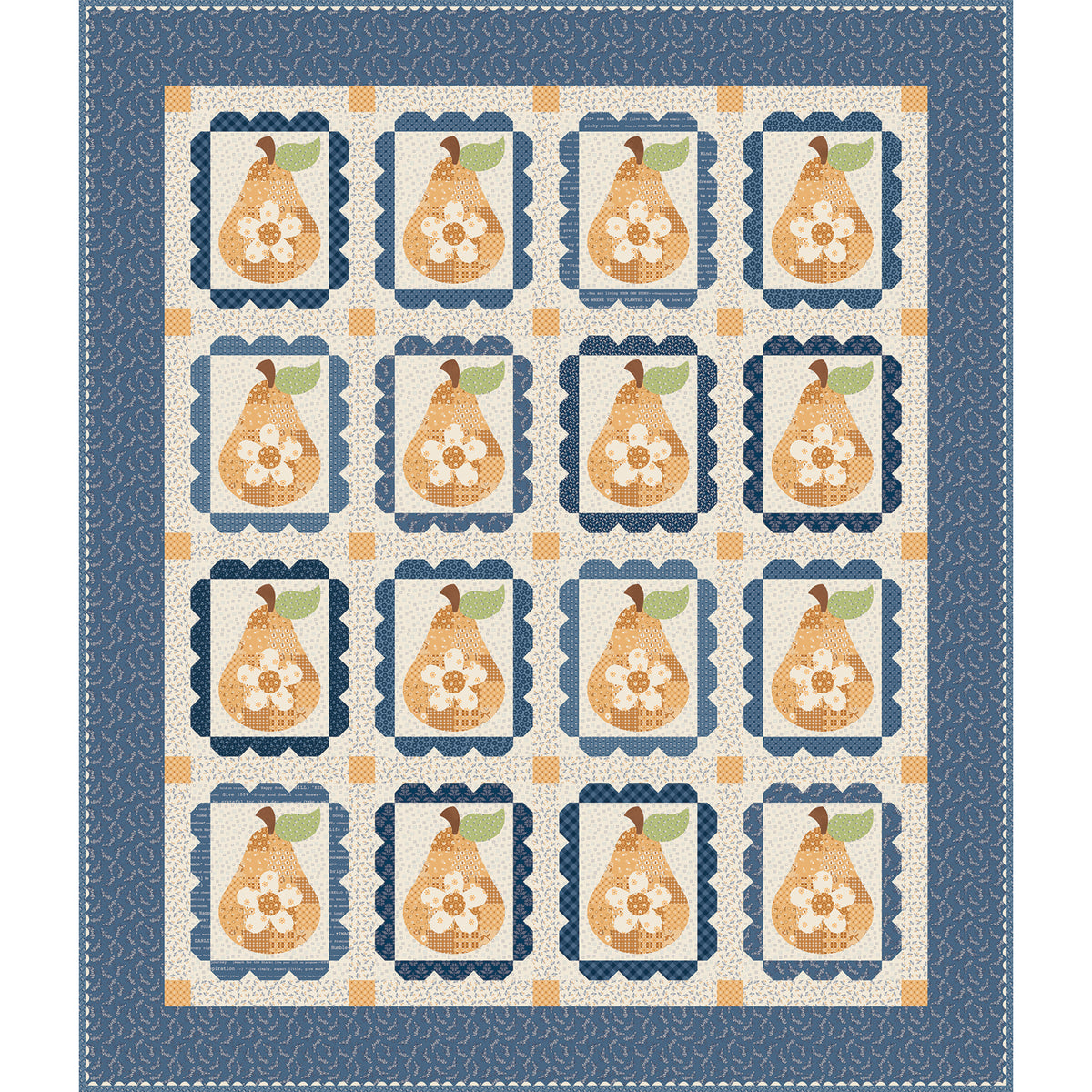 A quilt pattern featuring a grid of pears in yellow and cream with white flowers and green leaves, framed by blue and beige borders.
