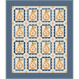 A quilt pattern featuring a grid of pears in yellow and cream with white flowers and green leaves, framed by blue and beige borders.