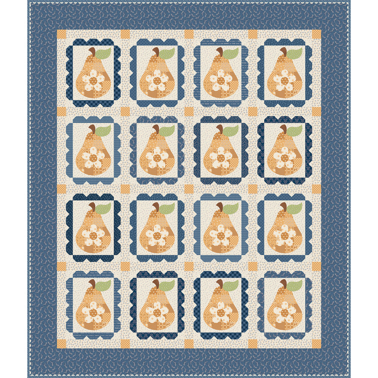 A quilt pattern featuring a grid of pears in yellow and cream with white flowers and green leaves, framed by blue and beige borders.