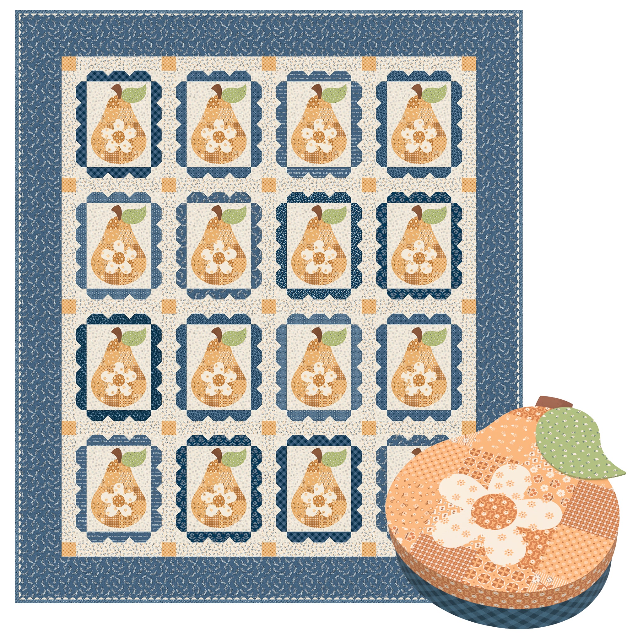 A quilt featuring repeated pears with white flowers and a blue patterned border, shown with a pear shaped keepsake box.