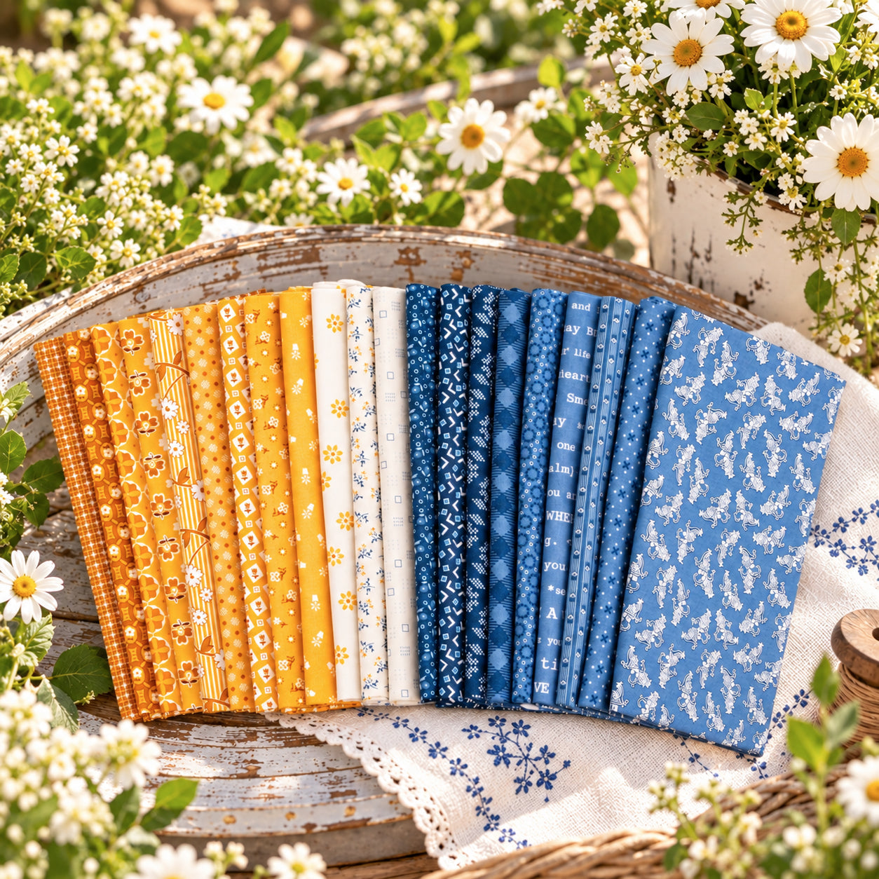 A set of folded fabrics in orange, yellow, white, and blue patterns, arranged in a rustic wooden tray surrounded by white daisies and green foliage.
