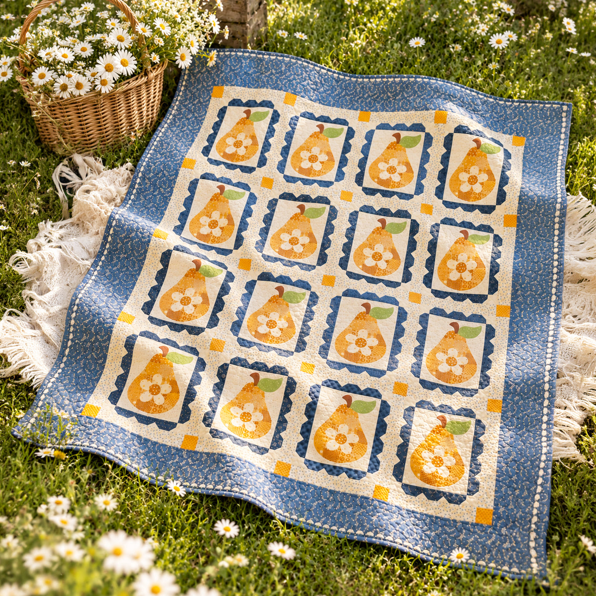 A quilt with a blue border and a cream center featuring yellow pears in floral frames, laid out on green grass with white daisies and a wicker basket nearby.