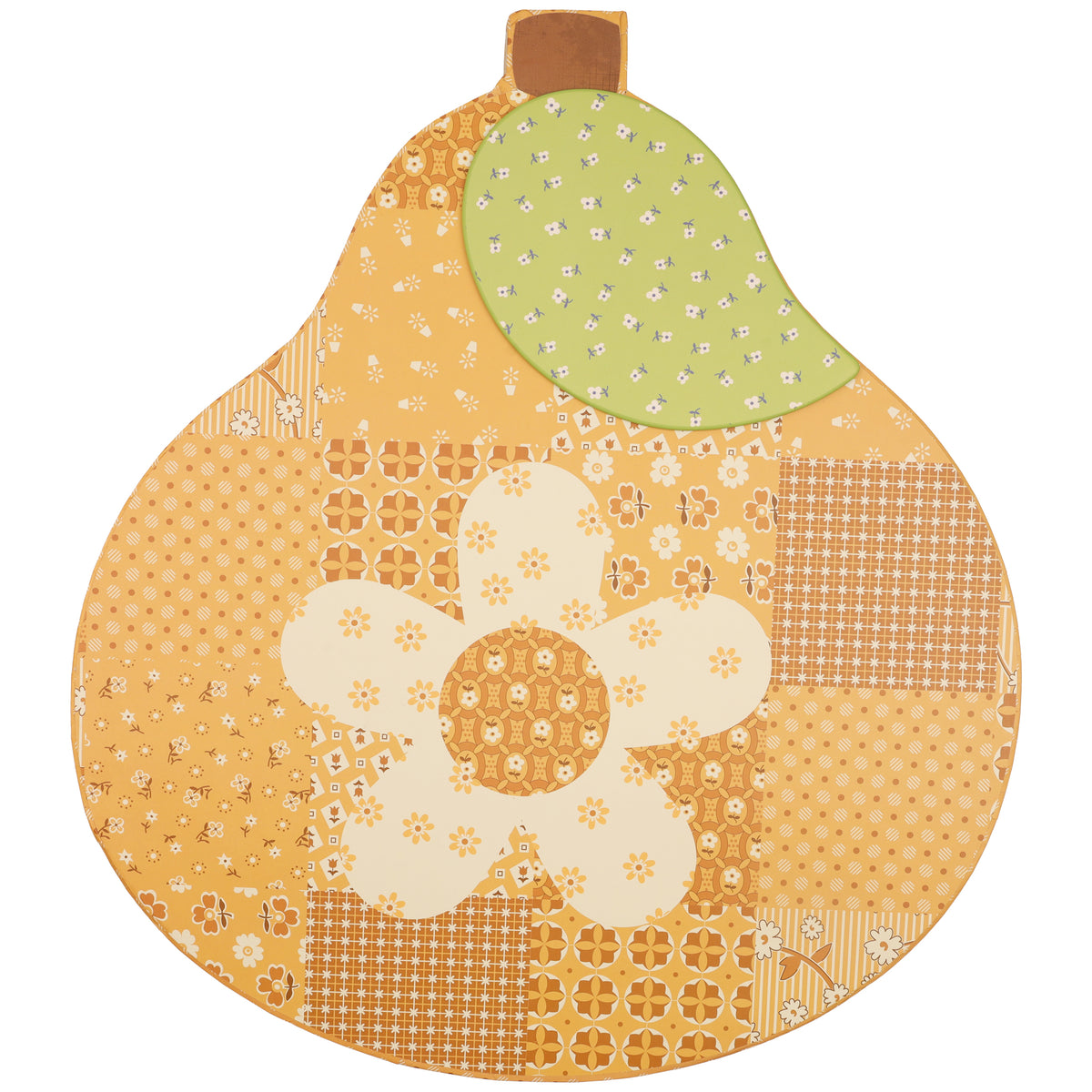 A pear-shaped decorative box featuring a patchwork design in shades of yellow, orange, beige, and light green, with a large central flower motif.