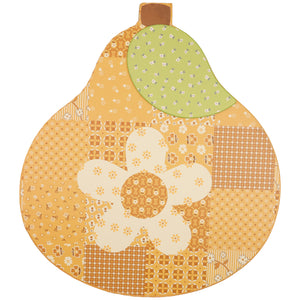 A pear-shaped decorative box featuring a patchwork design in shades of yellow, orange, beige, and light green, with a large central flower motif.