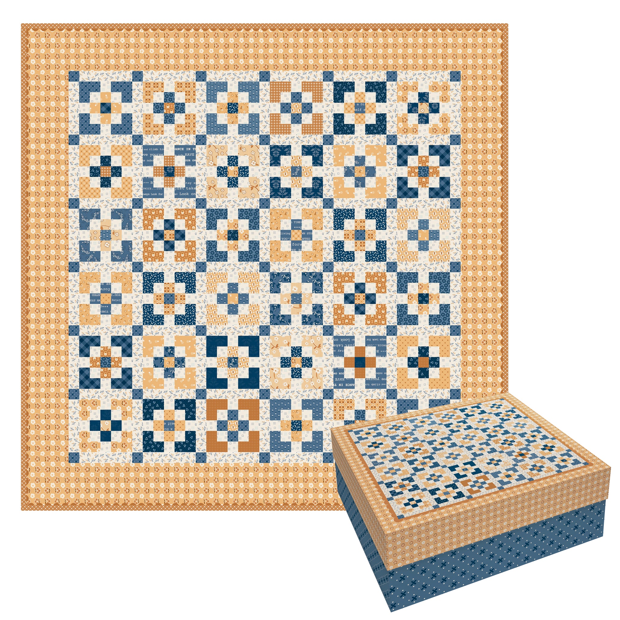 A patchwork quilt with a geometric pattern in navy blue, beige, and orange, shown alongside its matching fabric storage box on a white background.