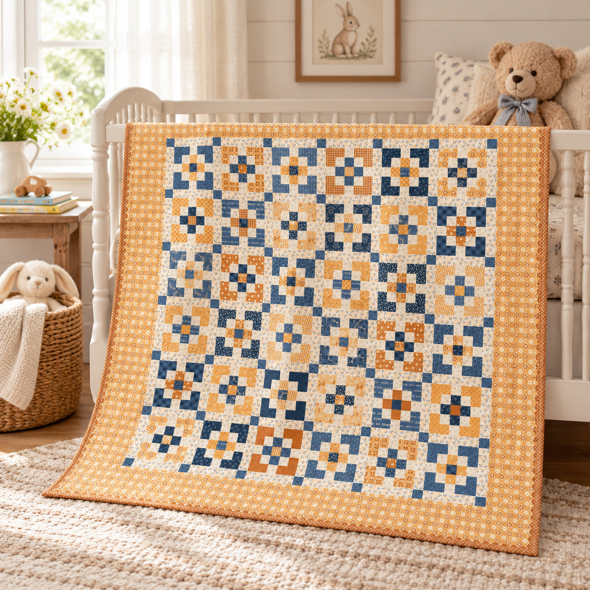 A quilted baby blanket with a geometric pattern in navy blue, mustard yellow, and cream, draped over a white wooden crib in a bright, cozy nursery.