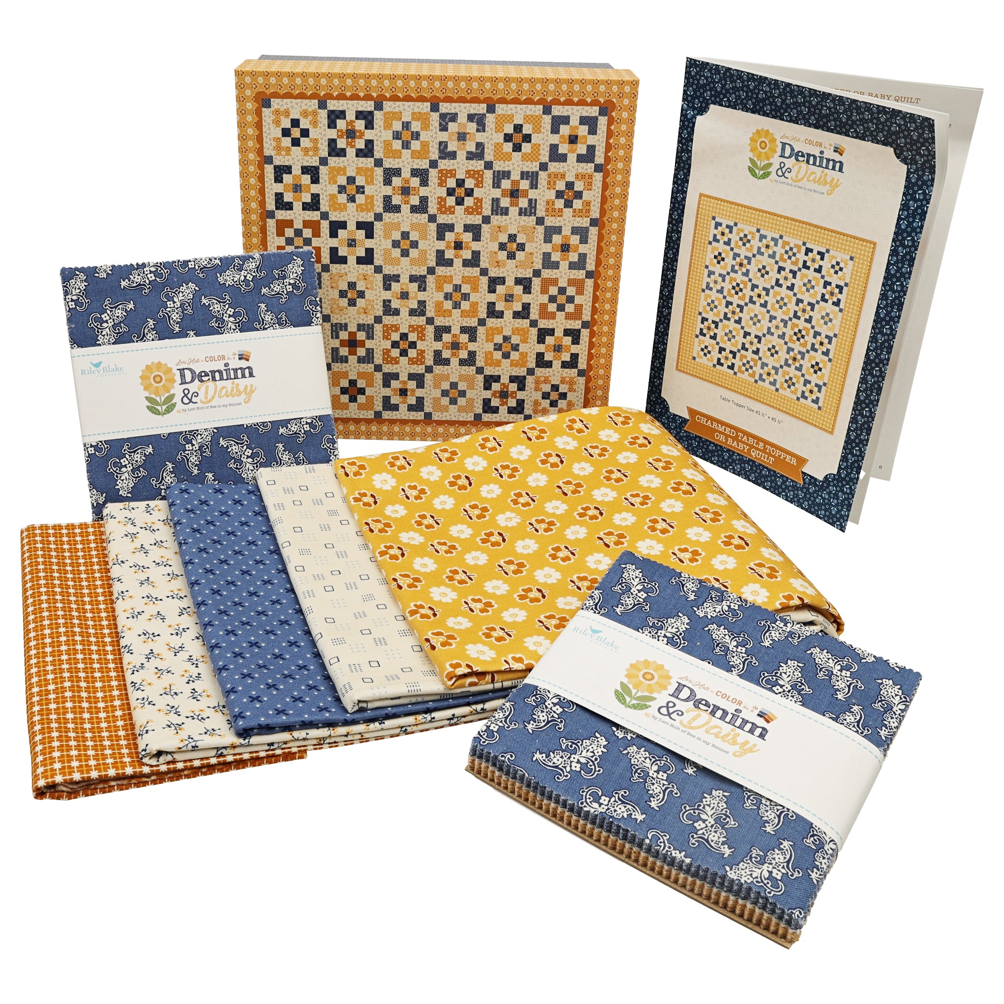 A collection of fabric bundles, pattern, and keepsake box. The fabrics vary in color from blue, yellow and white.