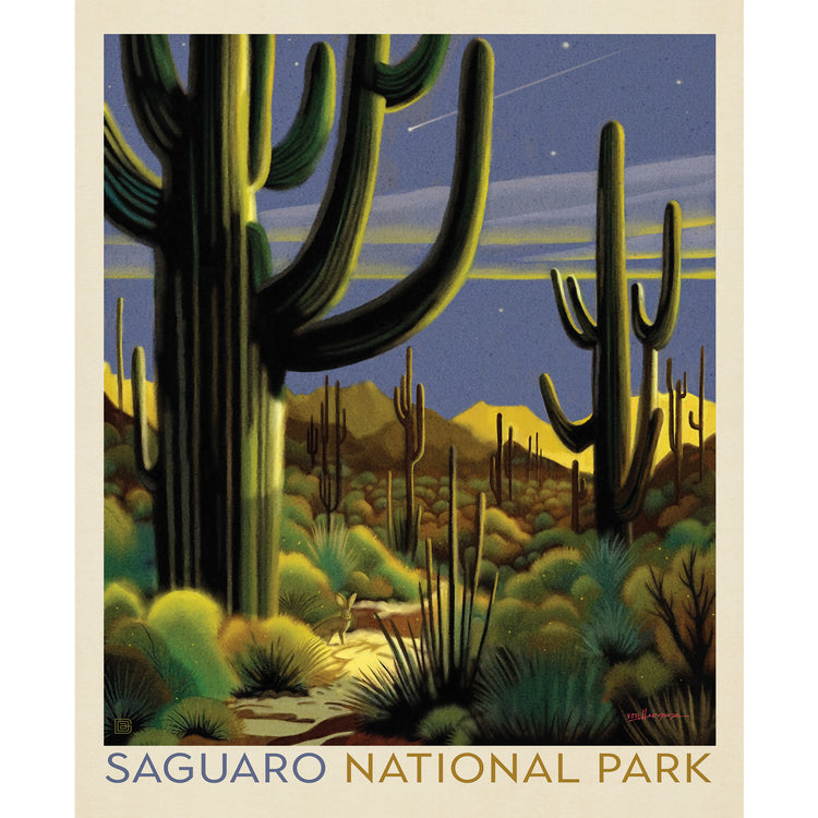 Saguaro National Park fabric panel with cacti, desert mountains, and vintage poster artwork.