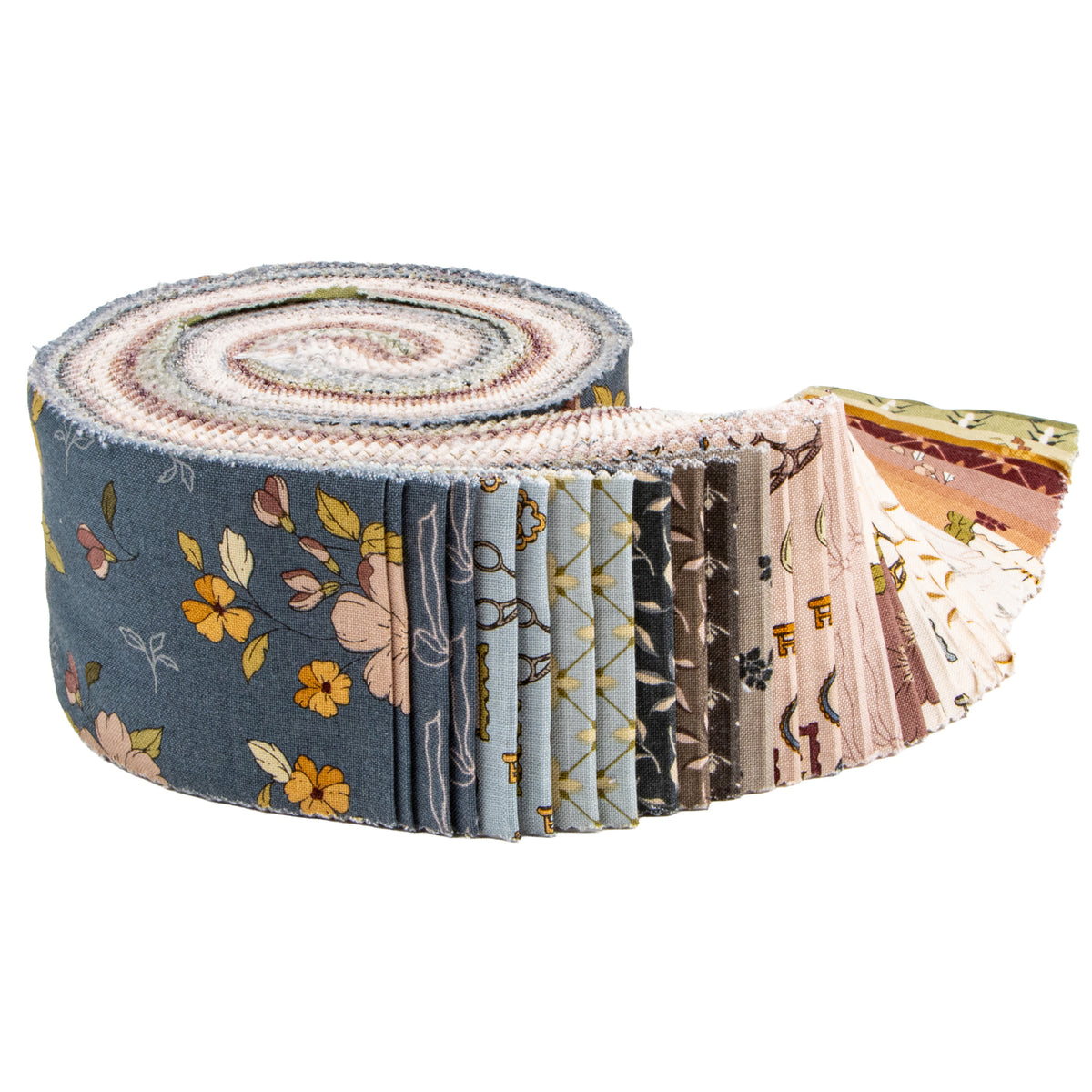 A roll of patterned fabric with a fanned-out section showing multiple coordinating designs in dusty blue, pink, beige, gray, and yellow floral motifs.