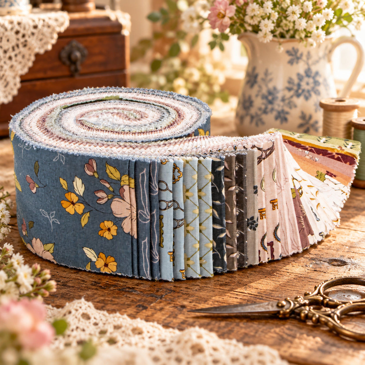 A roll of fabric with a variety of floral and patterned designs fanned out on a rustic wooden table.
