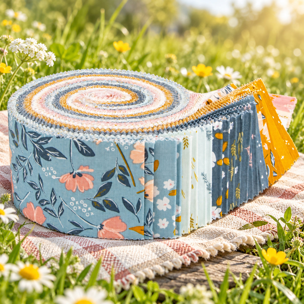 Petals & Hazel Rolie Polie with blue, pink, cream, and butterscotch fabric strips partially unrolled outdoors in the grass.