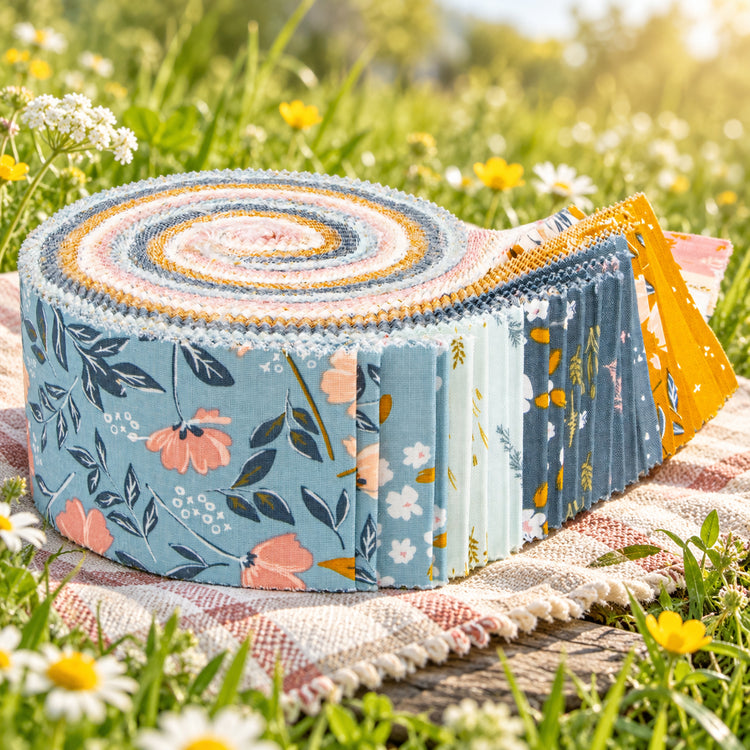 Petals & Hazel Rolie Polie with blue, pink, cream, and butterscotch fabric strips partially unrolled outdoors in the grass.